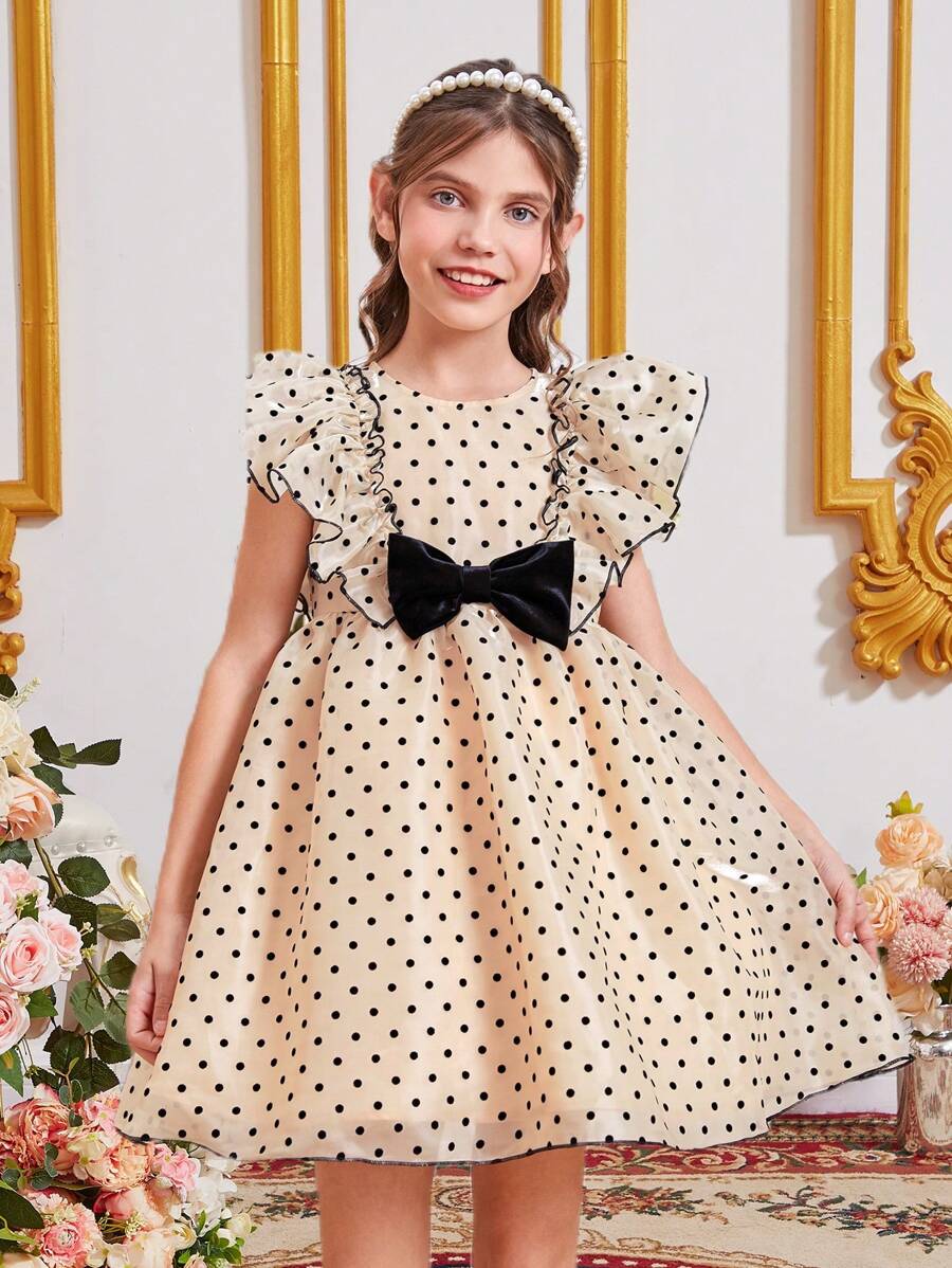 SHEIN Girls Polka Dot Print Ruffle Trim Bow Front Mesh Overlay Dress - Multicolor - View 1