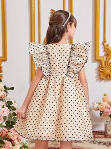 SHEIN Girls Polka Dot Print Ruffle Trim Bow Front Mesh Overlay Dress - Multicolor - View 2