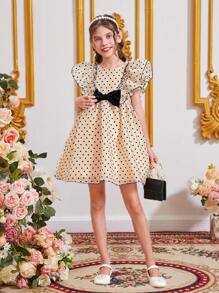 SHEIN Girls Polka Dot Print Ruffle Trim Bow Front Mesh Overlay Dress - Multicolor - View 4