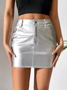 SHEIN PETITE 高腰 Pu 緊身派對女士裙 - 銀色 - 查看 6