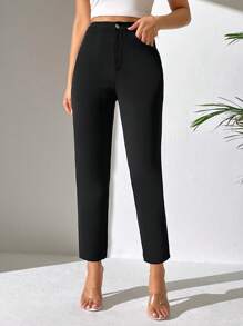 SHEIN PETITE Quần nữ Nút Túi Dây kéo màu trơn Giải trí - màu đen - Xem 3