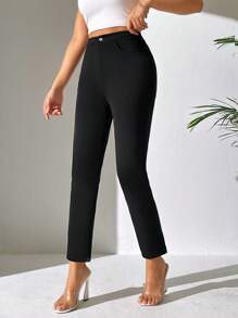 SHEIN PETITE Quần nữ Nút Túi Dây kéo màu trơn Giải trí - màu đen - Xem 5