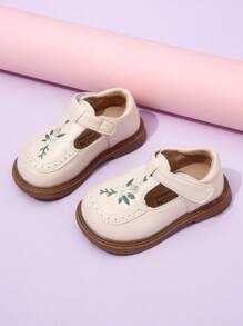 1 Pair Beige Cute Embroidered PU Kids Flat Loafers, Suitable For All Seasons
