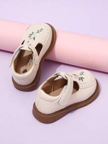 1 Pair Beige Cute Embroidered PU Kids Flat Loafers, Suitable For All Seasons