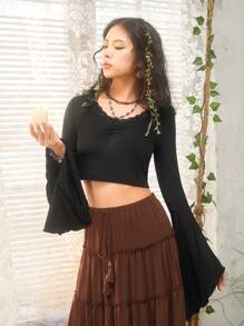 ROMWE Fairycore Contrast Lace Ruched Tee - Black - View 1