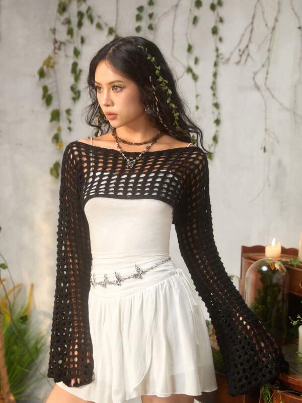 ROMWE Fairycore Summer Crochet Hollow Out Crop Sweater, School,Long Sleeve Tops