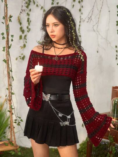 Fairycore Maglione a righe lavorato all'uncinetto, effetto traforato, per l'estate, adatto per la scuola