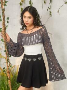 ROMWE Fairycore Summer Crochet Hollow Out Off Shoulder Trumpet Sleeve Crop Sweater - Dark Grey - View 1