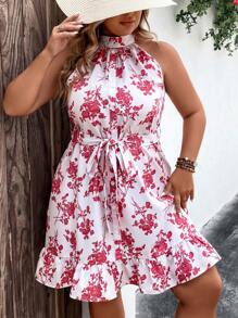 SHEIN LUNE Vestido con cinturón con estampado floral bajo con fruncido - Rojo y blanco - Ver 1