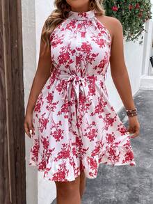 SHEIN LUNE Vestido con cinturón con estampado floral bajo con fruncido - Rojo y blanco - Ver 6