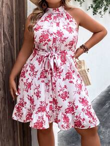 SHEIN LUNE Vestido con cinturón con estampado floral bajo con fruncido - Rojo y blanco - Ver 7