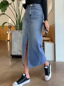 DAZY High Waist Split Thigh Denim Skirt Jeans Skirt - Dark Wash - View 4