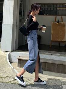 DAZY High Waist Split Thigh Denim Skirt Jeans Skirt - Dark Wash - View 5