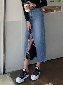 DAZY High Waist Split Thigh Denim Skirt Jeans Skirt - Dark Wash - View 9