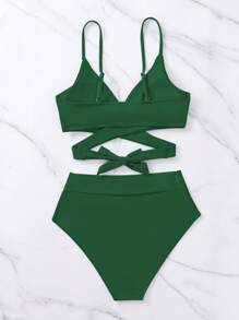 Swim Vcay Summer Beach Solid Bikini Set Crisscross Tie Back Bra & Overlap High Waisted Bottom 2 Piece Bathing Suit - Dark Green - View 6