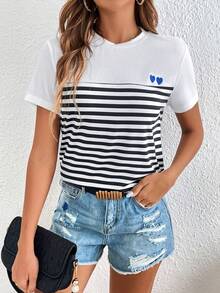 SHEIN Frenchy Striped Print Heart Embroidery Tee - Black and White - View 5
