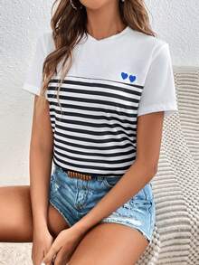 SHEIN Frenchy Striped Print Heart Embroidery Tee - Black and White - View 6