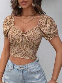 SHEIN Clasi Ditsy Floral Print Knot Front Frill Trim Crop Tee - Multicolor - View 1