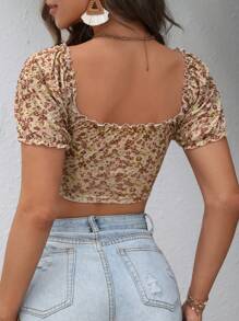 SHEIN Clasi Ditsy Floral Print Knot Front Frill Trim Crop Tee - Multicolor - View 2