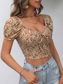 SHEIN Clasi Ditsy Floral Print Knot Front Frill Trim Crop Tee - Multicolor - View 5