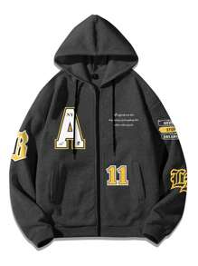 Manfinity Hypemode Lỏng lẻo phù hợp Nam Hoodie Với Đồ họa Khẩu hiệu , Dây kéo Khép kín , Nhiệt Lót Và Dây rút - Màu xám đen - Xem 1