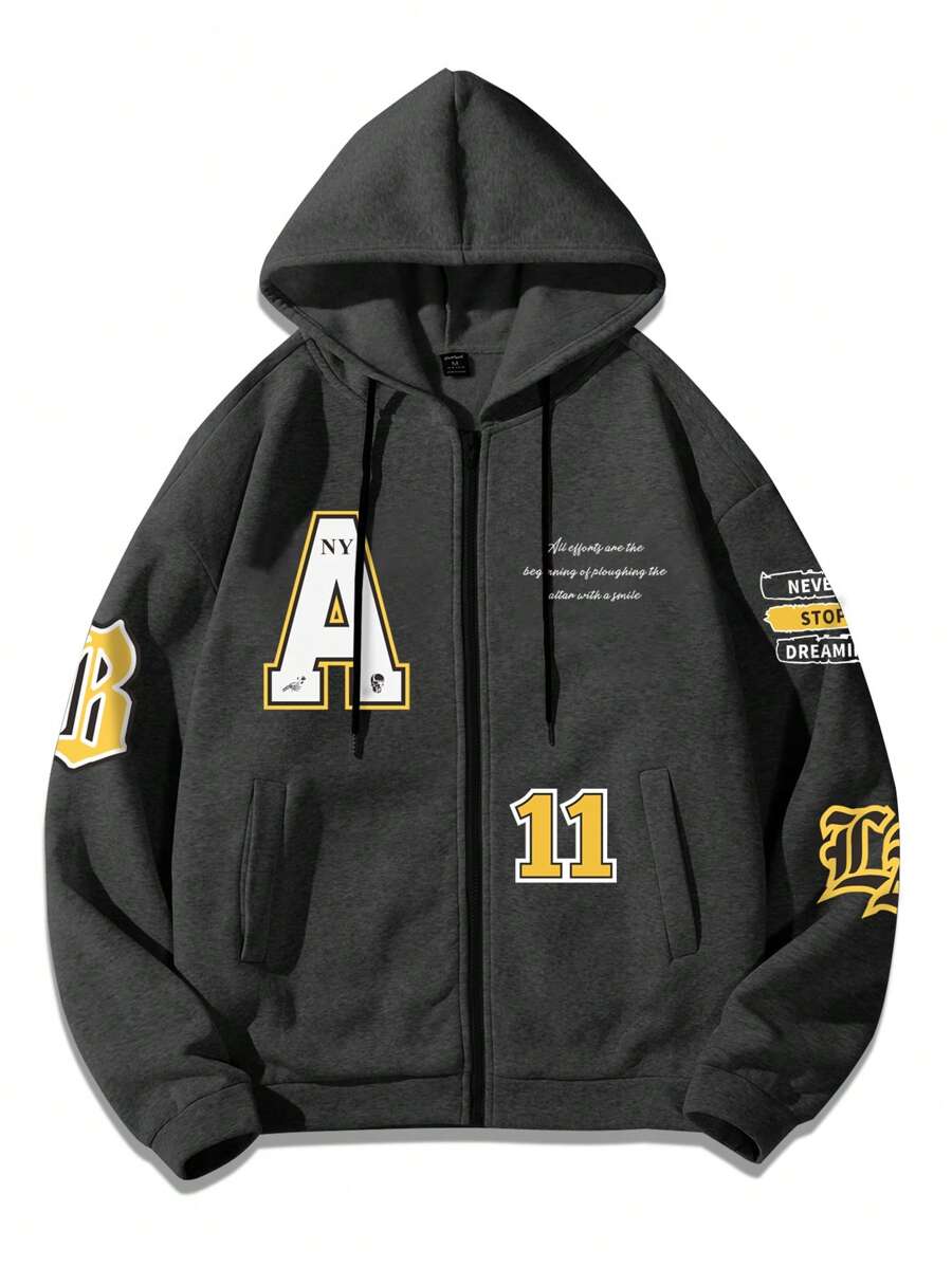 Manfinity Hypemode Lỏng lẻo phù hợp Nam Hoodie Với Đồ họa Khẩu hiệu , Dây kéo Khép kín , Nhiệt Lót Và Dây rút - Màu xám đen - Xem 1