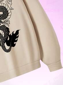 ROMWE MEN Anime Nam Rồng & Đồ họa Chữ cái Dây rút Áo hoodie ấm áp - Màu Khaki - Xem 3