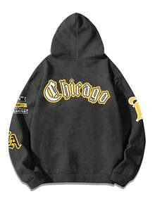 Manfinity Hypemode Lỏng lẻo phù hợp Nam Hoodie Với Đồ họa Khẩu hiệu , Dây kéo Khép kín , Nhiệt Lót Và Dây rút - Màu xám đen - Xem 2