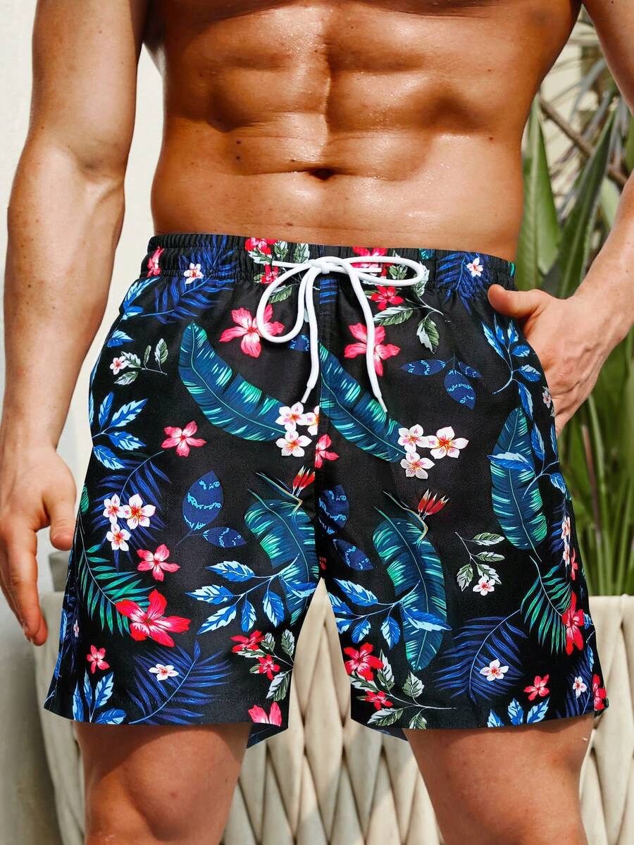 Manfinity Hombres Shorts de natación con estampado tropical de cintura con cordón - Multicolor - Ver 1