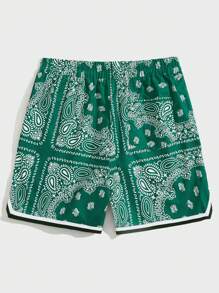 ROMWE MEN Street Life Men Paisley Print Drawstring Waist Shorts, School - Green - View 2