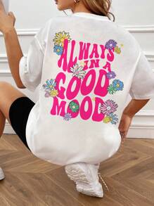 SHEIN EZwear Floral & Slogan Graphic Drop Shoulder Tee - White - View 1