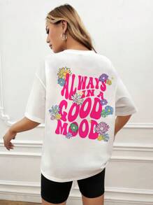 SHEIN EZwear Floral & Slogan Graphic Drop Shoulder Tee - White - View 4