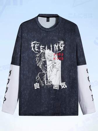 Anime Guys Japanese Letter & Figure Graphic 2 In 1 Tee