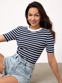 SHEIN BASICS Áo thun nữ cổ tròn tay ngắn in họa tiết sọc ôm sát - Màu xanh hải quân - Xem 1
