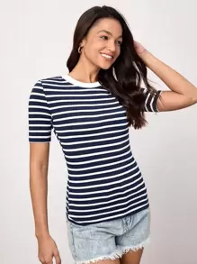 SHEIN BASICS Áo thun nữ cổ tròn tay ngắn in họa tiết sọc ôm sát - Màu xanh hải quân - Xem 3