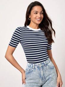 SHEIN BASICS Áo thun nữ cổ tròn tay ngắn in họa tiết sọc ôm sát - Màu xanh hải quân - Xem 4