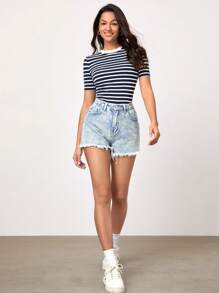 SHEIN BASICS Áo thun nữ cổ tròn tay ngắn in họa tiết sọc ôm sát - Màu xanh hải quân - Xem 5