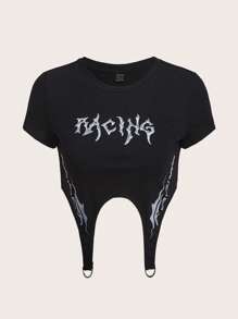SHEIN ICON Bikercore Áo phông Crop Đồ họa Chữ cái Viền không đối xứng - màu đen - Xem 1
