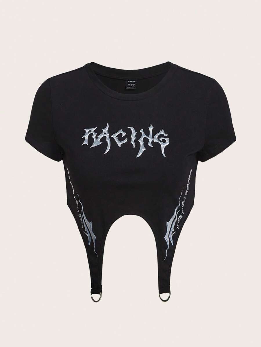 SHEIN ICON Bikercore Áo phông Crop Đồ họa Chữ cái Viền không đối xứng - màu đen - Xem 1