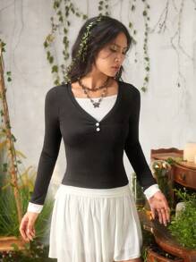 ROMWE 假兩件鈕扣T恤 - 黑色 - 查看 4