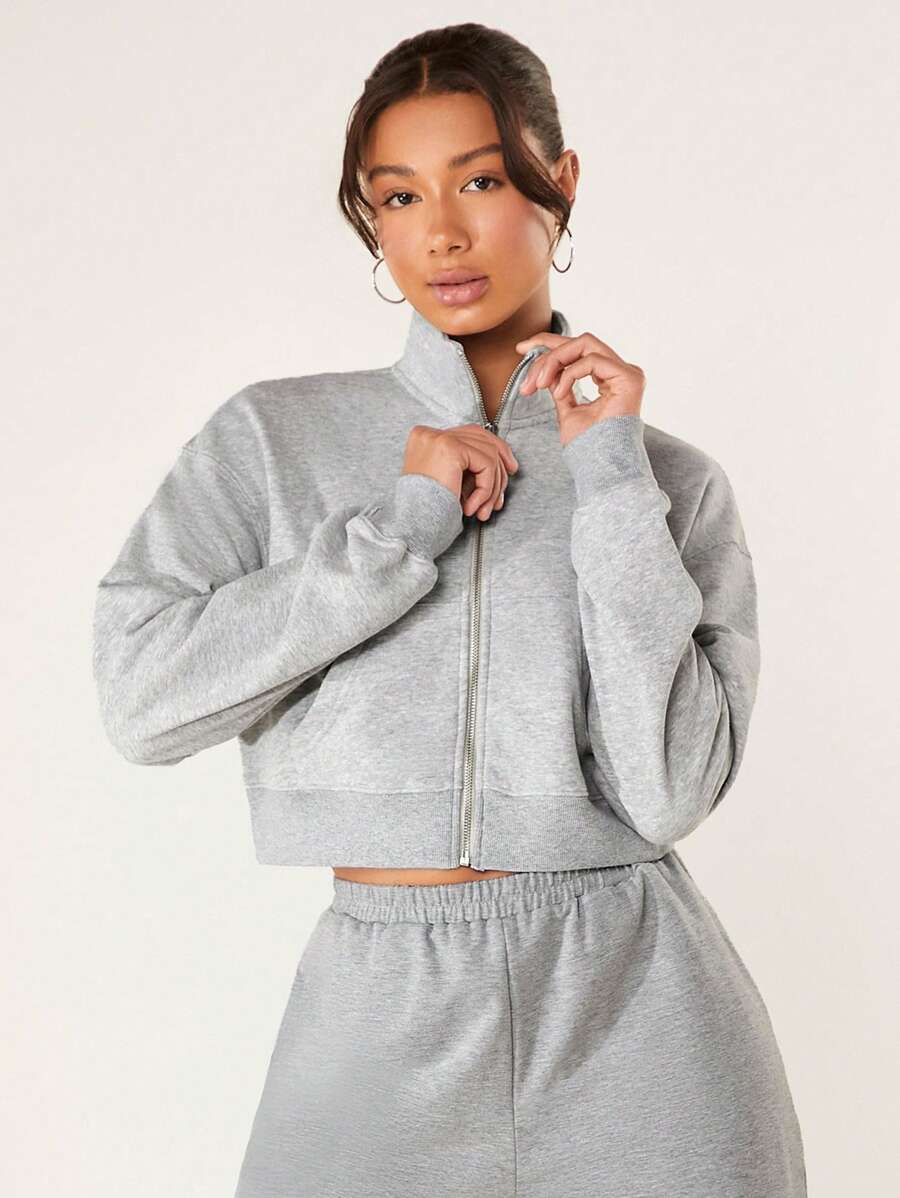 SHEIN BASICS Drop Shoulder Zip Up Slant Pocket Sweatshirt - Light Grey - View 1