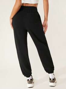 SHEIN BASICS Cotton Solid Elastic Waist Joggers - Black - View 2