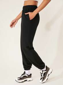 SHEIN BASICS Cotton Solid Elastic Waist Joggers - Black - View 4