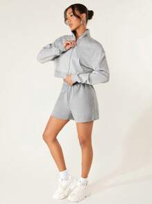 SHEIN BASICS Drop Shoulder Zip Up Slant Pocket Sweatshirt - Light Grey - View 5