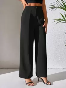 SHEIN PETITE 實色寬腿裙褲 - 黑色 - 查看 3