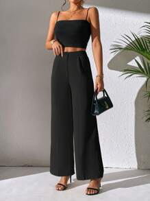 SHEIN PETITE 實色寬腿裙褲 - 黑色 - 查看 4