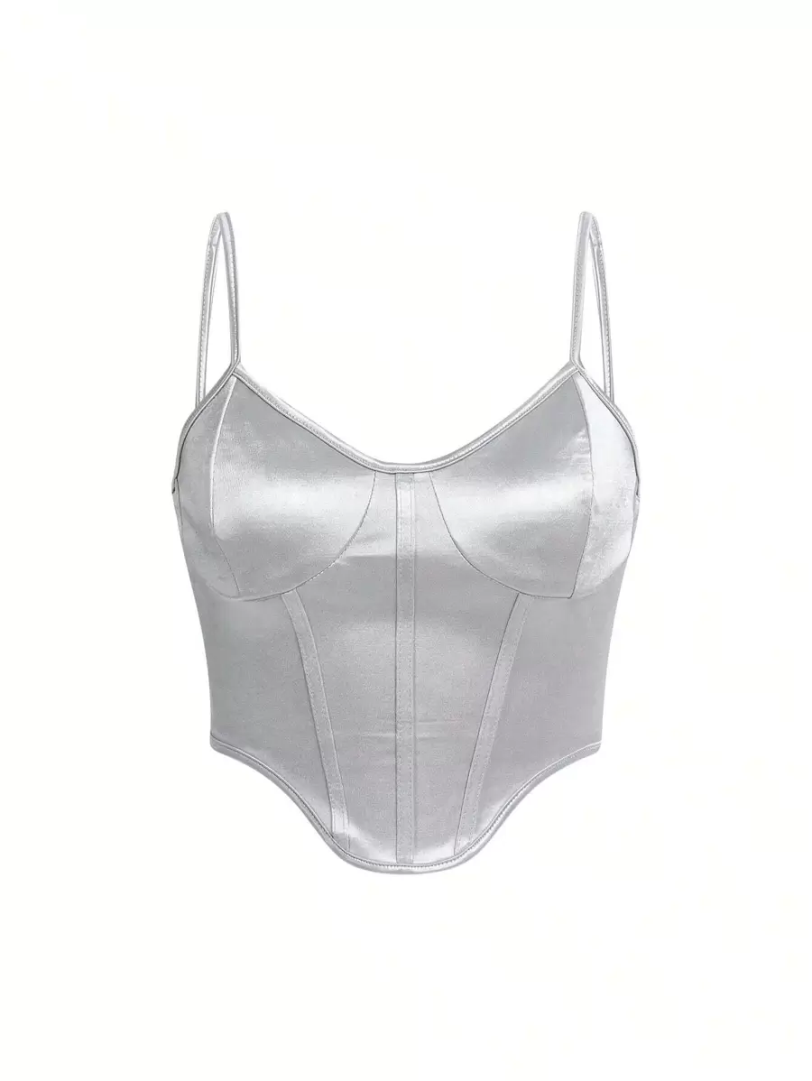 SHEIN Unity 弧形下擺緞面吊帶上衣 - 銀色 - 查看 1