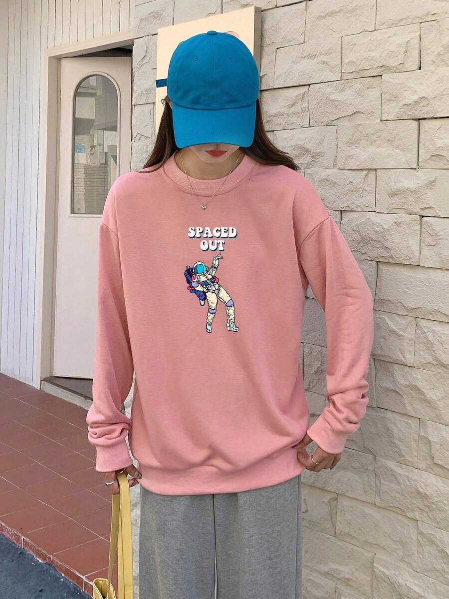 Astronaut & Letter Graphic Drop Shoulder Pullover - Baby Pink - View 1