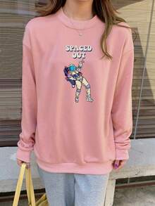 Astronaut & Letter Graphic Drop Shoulder Pullover - Baby Pink - View 3