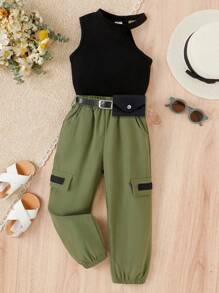 SHEIN 年輕女孩不對稱領口上衣＆蓋子細節褲子＆腰包 - 彩色 - 查看 1